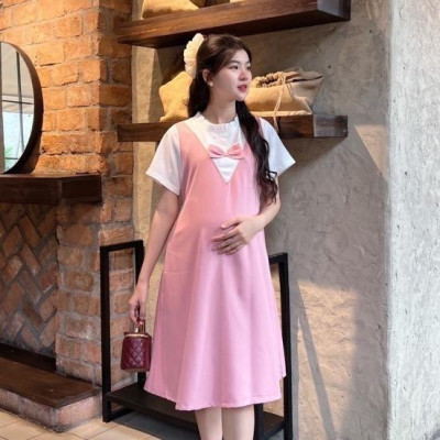 Đầm bầu yếm liền công sở cổ bèo tim đính nơ chất cotton lạnh mềm mịn dễ thương