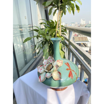 BÌNH HÚT TÀI LỘC BÁT TRÀNG CAO CẤP DÁNG CỔ CAO HỌA TIẾT ĐẮP NỔI