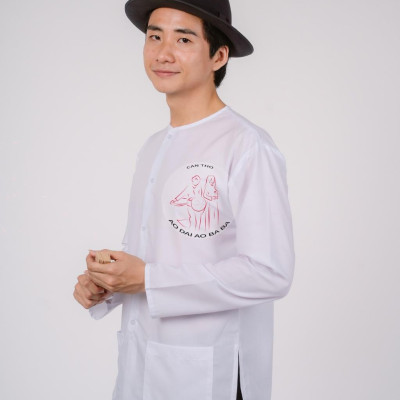 Bộ áo bà ba nam phối áo cate trắng + Quần cate đen - Có bộ bà ba Bigsize