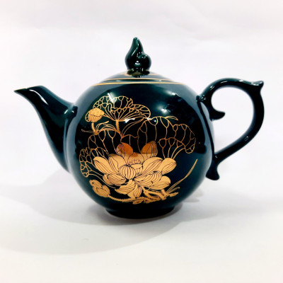 Bộ ấm chén Bát Tràng cao cấp màu xanh Arctic họa tiết hoa sen vẽ vàng 24k