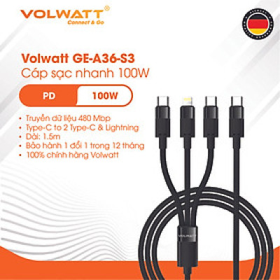 Cáp sạc siêu nhanh 3 đầu Volwatt GE-S36-S3 hàng chính hãng | Type-C ra C (100W)+C(15W)+L(27W), dây bện 1.5m | BH 12 tháng