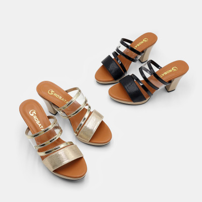 Giày sandal nữ cao gót đế vuông 7 phân hàng hiệu rosata hai màu đen đồng ro518