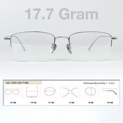 Gọng Kính Cận, Kính Giả Cận Nam Nữ BLUE LIGHT TITANIUM Cao Cấp Siêu Nhẹ, Mắt Vuông Nửa Gọng, Màu Bạc, Đen
