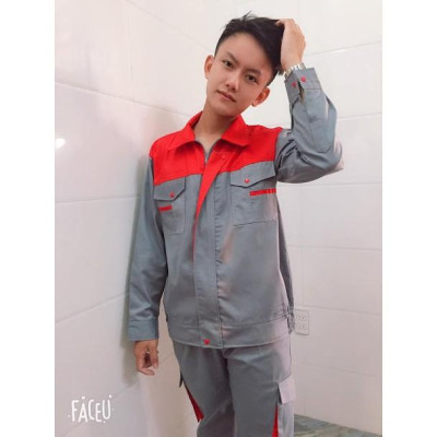 Quần áo kaki nam bảo hộ lao động dài tay khóa kéo shuni form rộng màu ghi xám phối đỏ - SHU006B