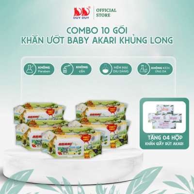 Combo 10 gói  Khăn ướt Akari khủng long vải không dệt rayon cao cấp 130 miếng (13.5x20cm) không paraben dành cho bé