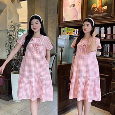 Đầm bầu đuôi cá cổ thuỷ thủ phối viền ren chất Cotton Hàn Váy bầu năng động