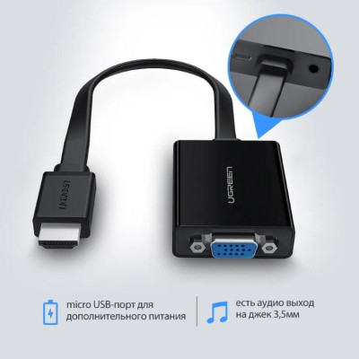 Ugreen UG40248MM103TK Màu Đen Bộ chuyển HDMI sang VGA dây dẹp kèm cổng âm thanh - HÀNG CHÍNH HÃNG