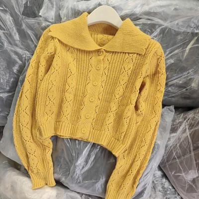 Áo Len Nữ Cổ Sóng Màu Vàng Form Ngắn Hack Dáng, Chất Len Mềm Mịn Hot Trend