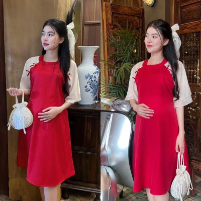 Đầm bầu thiết kế kiểu Áo dài cách tân Chất Cotton Lạnh đính nơ xinh xắn, thanh lịch