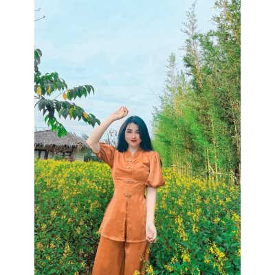 Bộ Đi Lễ Chùa Nữ - Đồ Lam Đi Chùa Lụa Đẹp Cao Cấp Trang Nhã ĐAN CÚC THỦ CÔNG Tay Phồng - SJ 25 CAO CẤP