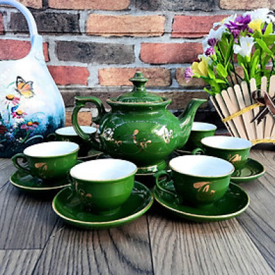 Bộ ấm chén Bát Tràng phú quý men xanh lục ngọc bảo họa tiết Phúc - Lộc - Thọ vẽ vàng 24k 
