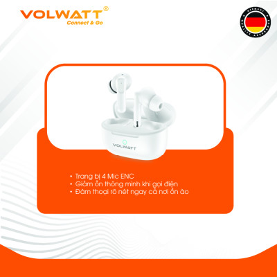 Tai nghe không dây Volwatt Beat hàng chính hãng | TWS Bluetooth 5.4, 4 Mic ENC chống ồn, Pin 5–6h + Hộp 400mAh, BH 12 tháng