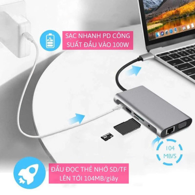 Hub Chuyển Đổi USB Type C - 11 in 1 - HDMI, USB 3.0, PD, SD, TF, RJ45, Audio 3.5mm USB 2.0 VGA - Tốc Độ Cao, Hàng Chính Hãng