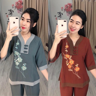 Đồ Lam Đi Chùa # Chữ Y Thêu Hoa SaLa Vải Đũi