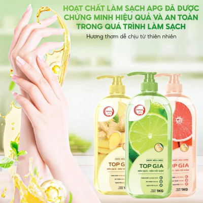 Nước rửa chén bát TopGia hương chanh chiết xuất tự nhiên làm sạch dầu mỡ bảo vệ da tay chai 1kg