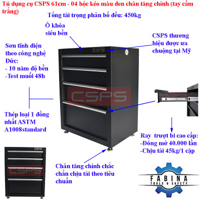 Tủ dụng cụ CSPS 61cm - 04 hộc kéo màu đen chân tăng chỉnh (tay cầm trắng)