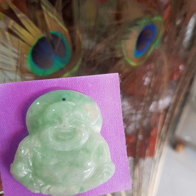 Mặt dây chuyền Nam Phật Di Lặc Tròn Cười Vui Đá Cẩm Thạch Tự Nhiên Trắng Xanh Ngọc Nhẹ đều đẹp  Size N44mm x C45mm x S7mm Nam mệnh Kim Thủy bọc vàng đeo đẹp ạ