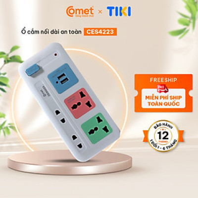 Ổ Cắm Nối Dài Cổng USB Comet CES4223 2500W dây dài 3m, 4 lỗ cắm, 2 cổng sạc USB, 1 công tắc