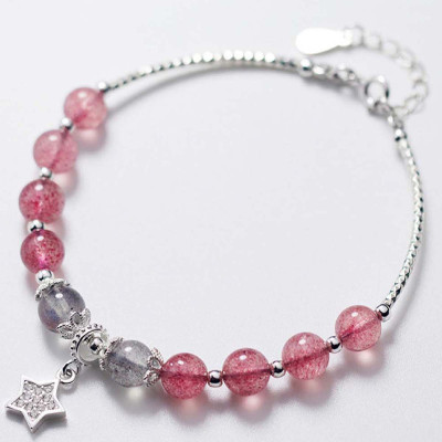 Vòng tay đá thạch anh dâu phối xà cừ xám và charm sao - Ngọc Quý Gemstones