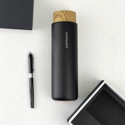 Bình giữ nhiệt Lock&Lock Flat 400ml màu đen LHC4227BLK - Hàng chính hãng, có khay lưới lọc trà, nắp nhựa kiểu gỗ - JoyMall