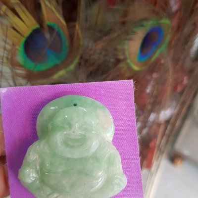 Mặt dây chuyền Nam Phật Di Lặc Tròn Cười Vui Đá Cẩm Thạch Tự Nhiên Trắng Xanh Ngọc Nhẹ đều đẹp  Size N44mm x C45mm x S7mm Nam mệnh Kim Thủy bọc vàng đeo đẹp ạ