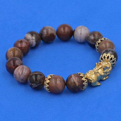 Vòng chuỗi đeo tay Gỗ Hóa Thạch 12 ly - cẩn Tỳ Hưu Phong Thủy inox vàng VGHTTHBKV12