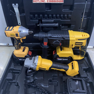 Bộ Combo 3 Trong 1 Gồm Máy Khoan Đục Bê Tông, Máy Mài Và Máy Siết Bulong Dùng Pin 199V, 2 Pin 15 Cell, Động Cơ Không Chổi Than (Tặng kèm hộp đựng)
