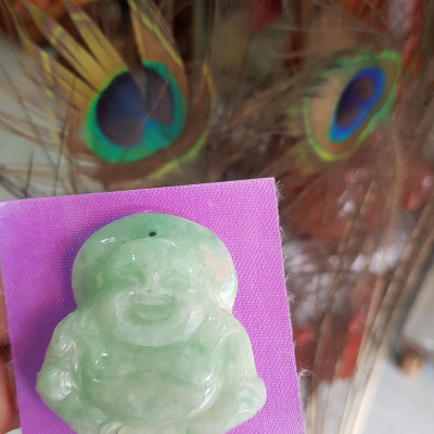 Mặt dây chuyền Nam Phật Di Lặc Tròn Cười Vui Đá Cẩm Thạch Tự Nhiên Trắng Xanh Ngọc Nhẹ đều đẹp  Size N44mm x C45mm x S7mm Nam mệnh Kim Thủy bọc vàng đeo đẹp ạ