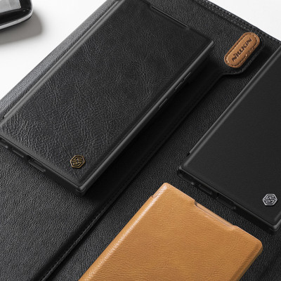 Bao da cho SamSung Galaxy S24 Ultra chính hãng Nillkin Qin Prop Leather có ngăn cài thẻ ATM, thẻ chung cư, chống sốc, có nắp đậy camera sau và chân chống - Hàng chính hãng