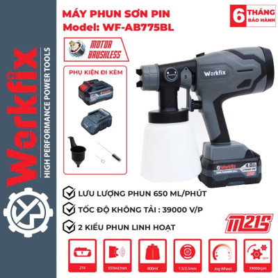 Máy phun sơn pin WORKFIX WF-SG800M, Bình 800ml - 650ml/phút, 2 Kiểu phun - Bảo hành 12 tháng