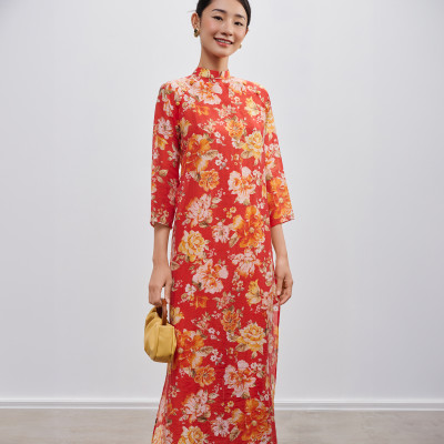 Áo Dài Raglan Linen Hoa Mẫu Đơn thời trang thiết kế Hity ADA014