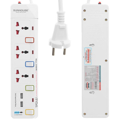 Ổ cắm điện Sunhouse 2 USB 3 lỗ 3 chấu 2.5m SHE- OC2-3RU - Hàng chính hãng