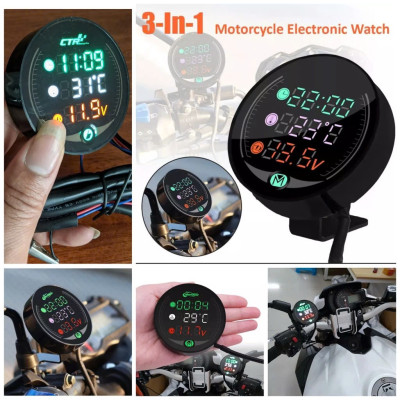 Đồng Hồ Cao Cấp Cho Xe Máy: 3in1 Báo Giờ, Nhiệt Độ, Vôn Ắc Quy - Mẫu Mới Chống Nước Loại Tốt, ĐÈN TRANG TRÍ