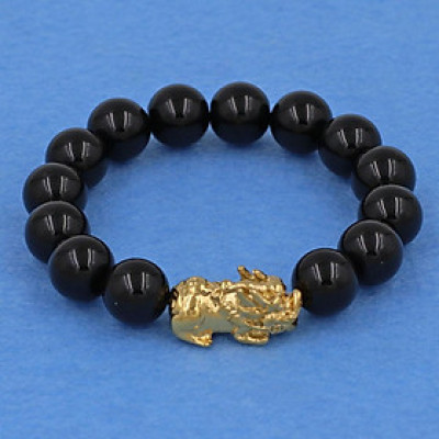 Vòng tay thạch anh đen 12 ly - cẩn Tỳ Hưu inox vàng VTAETHV12 - hợp mệnh Thủy, mệnh Mộc