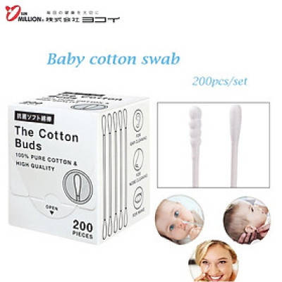 Hộp 200 chiếc tăm bông cao cấp Nhật Bản Sanritsu 100% Bông gòn tự nhiên siêu mềm kháng khuẩn an toàn cho người sử dụng