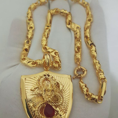 Dây Chuyền Nam Tính Mạ Vàng Mặt Khiên Khảm Rồng Cực Chất + TẶNG LÁ BỒ ĐỀ MAY MẮN TÀI LỘC ĐỂ VÍ ĐIỆN THOẠI