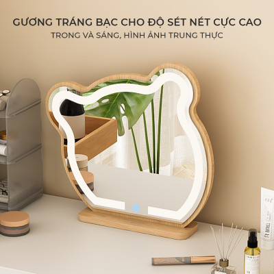 Gương trang điểm để bàn viền đèn led tai mèo decor cực xinh thương hiệu IGA - GP318