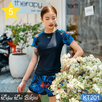 Bộ bơi 2 mảnh thể thao nữ, phong cách trẻ trung năng động, dáng áo cộc tay quần sooc đùi 2 lớp, chất đẹp dày dặn (dùng bơi, gym, yoga, chạy bộ) | KT201