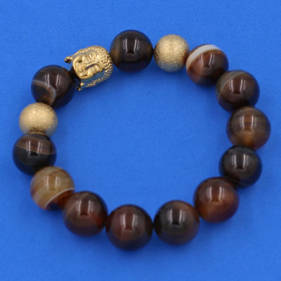 Vòng tay chuỗi hạt Mã Não Nâu Sọc 14 ly - Vòng tay Phật A Di Đà inox vàng VMNNSNLVHB14 - hợp mệnh Kim, mệnh Thổ - Vòng đeo tay size lớn