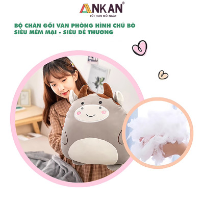 Chăn Gối Văn Phòng 3 Trong 1 Kiểu Bò Siêu Dễ Thương Dùng Để Ngủ Tại Văn Phòng Trên Sofa Màu Sắc Nhã Nhặn Vải Nỉ Siêu Mềm Mịn