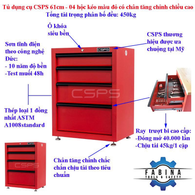 Tủ dụng cụ CSPS 61cm - 04 hộc kéo màu đỏ có chân tăng chỉnh chiều cao