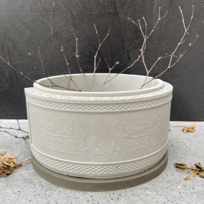 Chậu cây xi măng bậc thang hoạ tiết Trống Đồng Đông Sơn, ngang 18.4cm cao 8,5cm handmade, decor bàn làm việc, cây văn phòng, nhà ở 