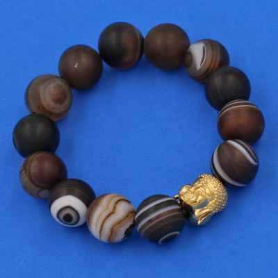 Vòng đeo tay mã não nâu sọc mờ 14 ly cẩn hạt Phật A Di Đà inox vàng VMNNSMNLV14 - hợp mệnh Kim, mệnh Thổ