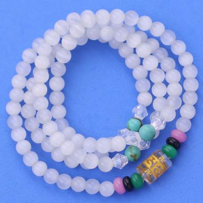 Vòng chuỗi 108 hạt đá mắt mèo trắng charm lục tự chân ngôn - hạt 8 ly ( size lớn ), vòng chuỗi niệm Phật, vòng chuỗi đeo tay