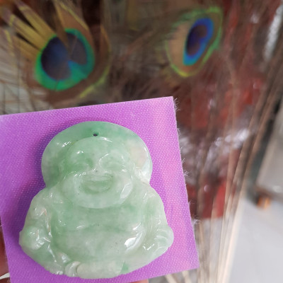 Mặt dây chuyền Nam Phật Di Lặc Tròn Cười Vui Đá Cẩm Thạch Tự Nhiên Trắng Xanh Ngọc Nhẹ đều đẹp  Size N44mm x C45mm x S7mm Nam mệnh Kim Thủy bọc vàng đeo đẹp ạ