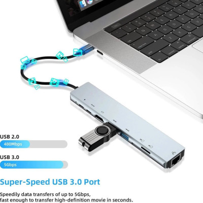Bộ Chuyển Đổi Hub USB C Hub 8 Trong 1 Type C 3.1 Sang 4K RJ45 Đọc Thẻ SD / TF Cho MacBook Notebook Laptop Máy Tính - Hàng Nhập Khẩu