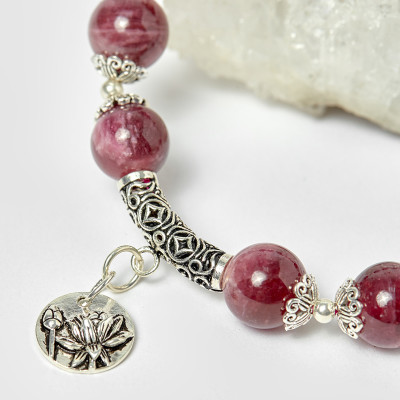 Vòng tourmaline hồng phối charm bát bảo bạc hạt 10mm , đk 52mm mệnh hỏa, thổ - Ngọc Quý Gemstones