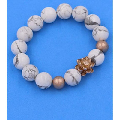 Chuỗi vòng tay Đá Howlite 12 ly - Vòng tay Hoa Sen vàng hồng VHWLHSHBH12 - hợp mệnh Kim, mệnh Thủy