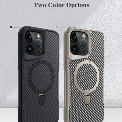 Ốp lưng cho iPhone 14 Pro Max, iPhone 13 Pro Max, iPhone 12 Pro Max  hiệu Likgus Fiber hỗ trợ sạc không dây, kèm kệ chống lưng, vân carbon chống trơn trượt, chống sốc cao cấp - Hàng chính hãng.