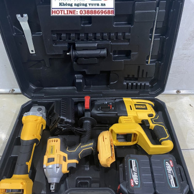 Bộ Combo 3 Trong 1 Gồm Máy Khoan Đục Bê Tông, Máy Mài Và Máy Siết Bulong Dùng Pin 199V, 2 Pin 15 Cell, Động Cơ Không Chổi Than (Tặng kèm hộp đựng)